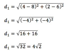 d=√(〖(4-6)〗^2+〖(2-6)〗^2 )